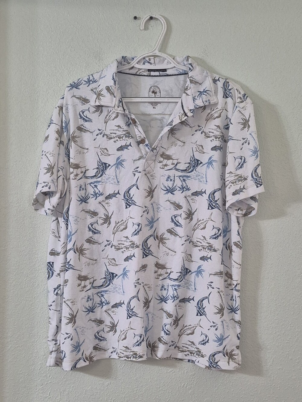 Men's Tropical Print Polo Shirt - White with Blue & Brown